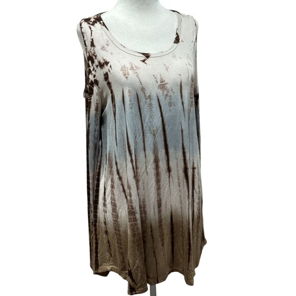 Karen Kane Womens Tunic Top Size M Brown Blue Tie Dye Cold Shoulder Sleeve - Picture 2 of 8